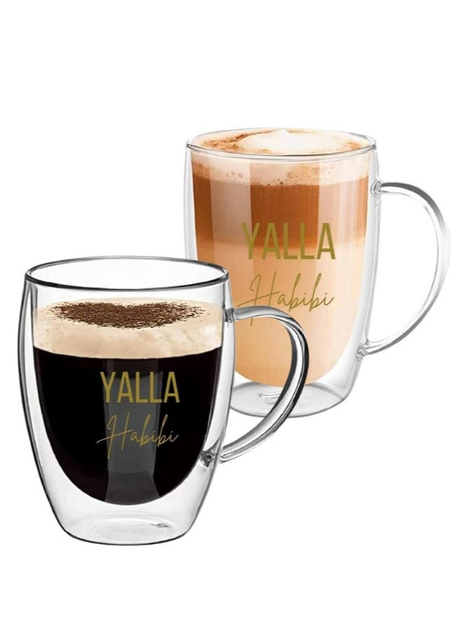 1CHASE Set of 2 - Double Walled Yalla Habibi Printed Glass Mug With Handle - Image 1