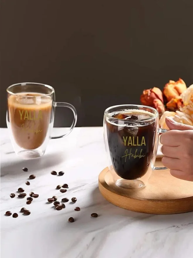 1 تشيس 1CHASE Set of 2 - Double Walled Yalla Habibi Printed Glass Mug With Handle
