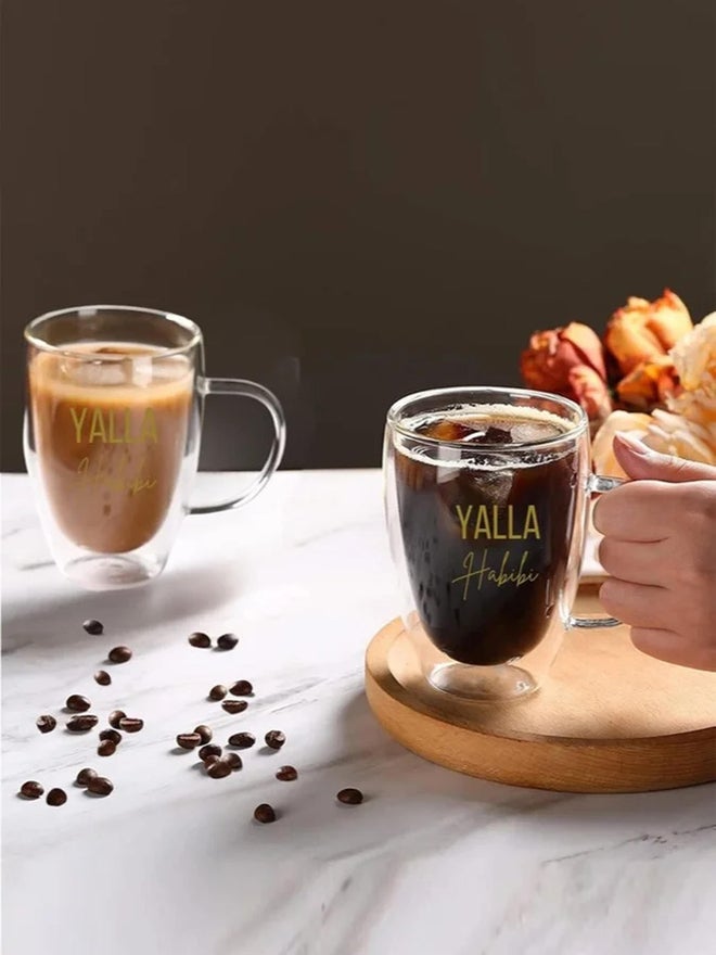 1CHASE Set of 2 - Double Walled Yalla Habibi Printed Glass Mug With Handle - Image 2