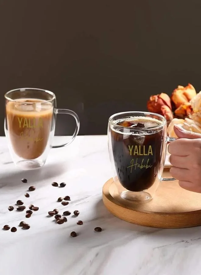 1 تشيس طقم كوبين زجاجي مزدوج الجدار مطبوع عليه يلا حبيبي مع مقبض