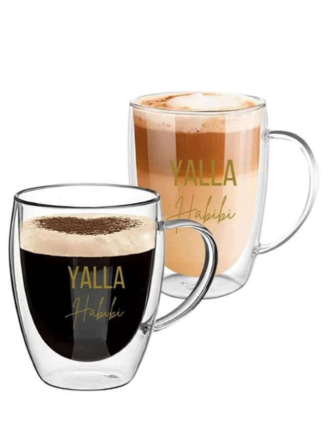 1 تشيس طقم كوبين زجاجي مزدوج الجدار مطبوع عليه يلا حبيبي مع مقبض