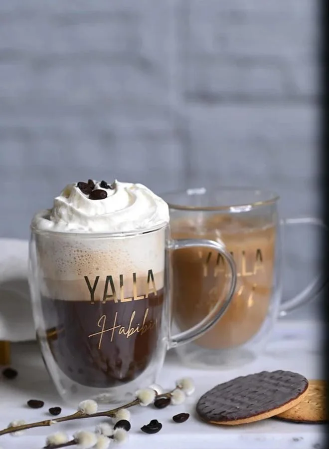 1Chase  1CHASE Set of 2 - Double Walled Yalla Habibi Printed Glass Mug With Handle  | Best Price UAE