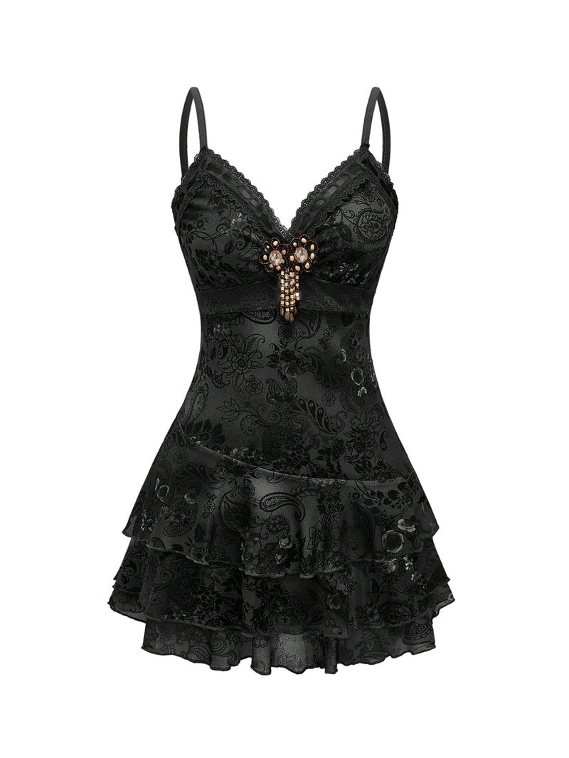 Verdusa Women's Y2k Outfits Gothic Dresses Vintage Boho Beaded Ruffle Lace Paisley Print Tiered Mini Summer Dress Black Medium - Image 1
