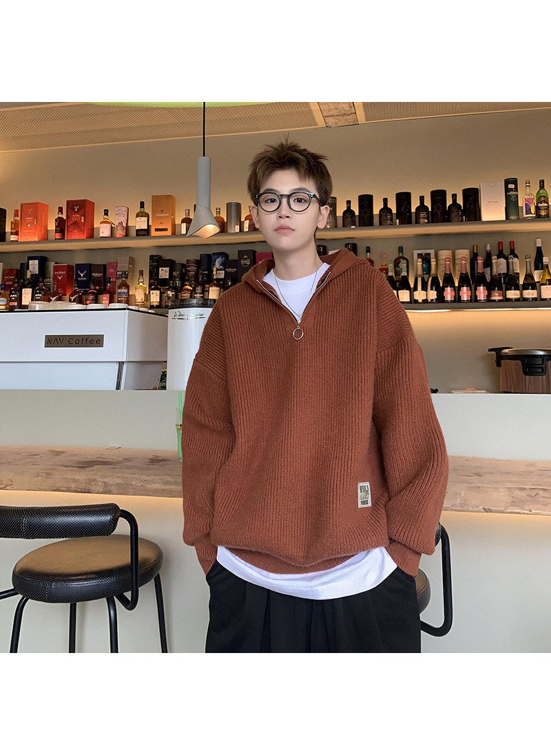 Generic - Mens Winter Hooded Knit Sweater Casual Loose Pullover Brown - Image 1
