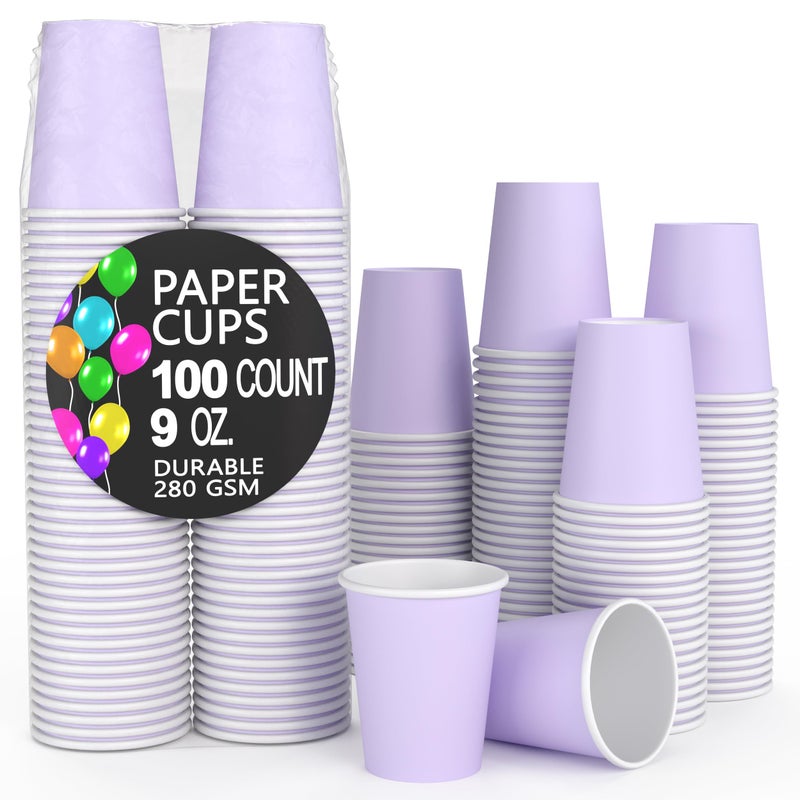 Party Solids Lavender Paper Cups 9 oz Durable Disposable Cups 100 Paper Tumblers for Hot Drinks and Cold Drinks Thick 280 GSM Hot Cup for Tea Coffee Cup To Go Fun Colors for Parties Events - Image 2