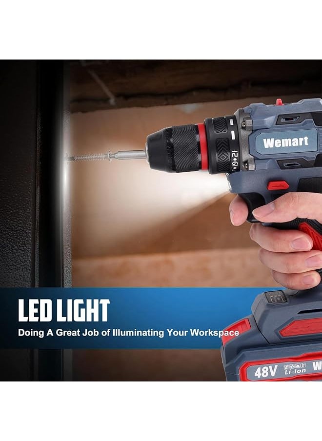 WEMART - Cordless Drill Set 48V Brushless Electric Drill With 2 Batteries And Charger 3 8 Inch Chuck Electric Drill Driver 21 Torque Setting Drill Driver Bits And Tool Bag Included - Image 1