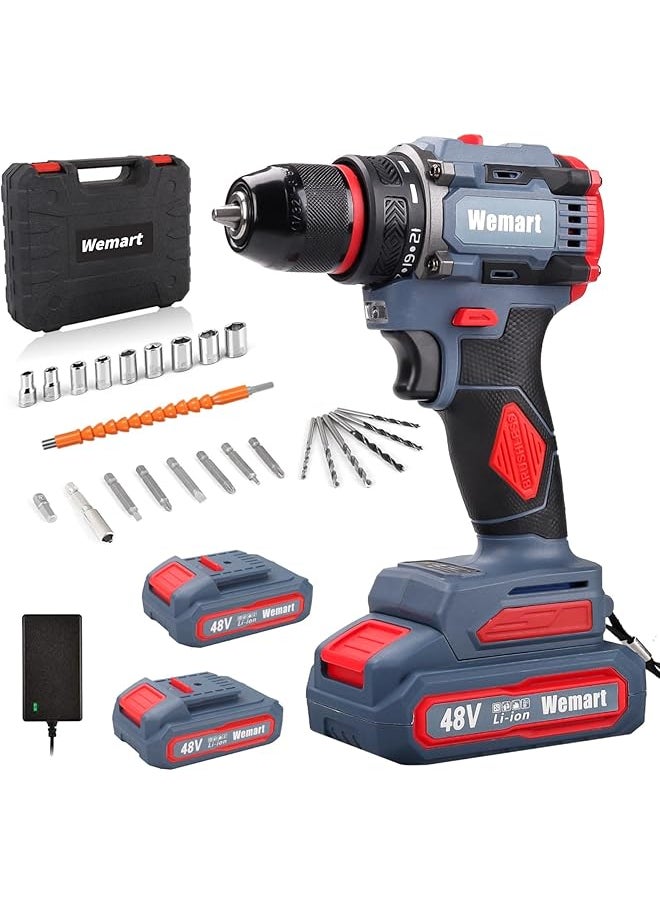 WEMART - Cordless Drill Set 48V Brushless Electric Drill With 2 Batteries And Charger 3 8 Inch Chuck Electric Drill Driver 21 Torque Setting Drill Driver Bits And Tool Bag Included - Image 1