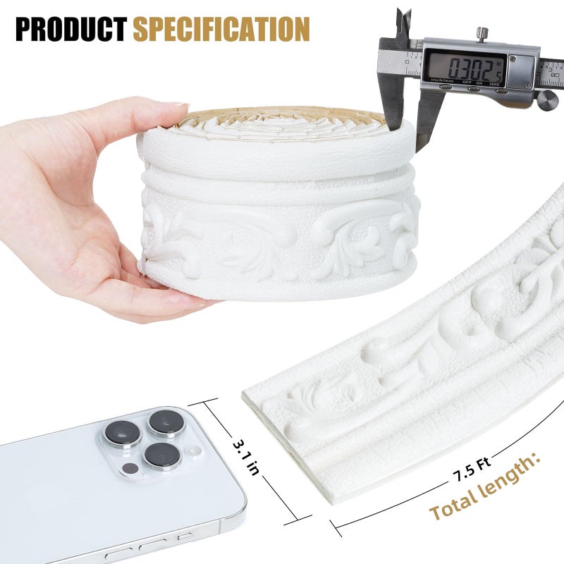 WAPANE 90" x 3.1" Peel Stick Foam Molding Trim Self Adhesive, Crown Molding Wallpaper Border Flexible, 3D Wall Edging Lines Foam Baseboard, Wall Base Moulding Trim for Home, Hotel DIY Decoration - Image 2