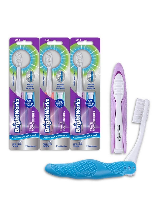 BrightWorks BrightWorks Folding Travel Toothbrush (6 Total, 3 Sets of 2) with Built-in Cover. Portable with Soft Bristles and Tongue Cleaner. for Camping, Hiking, Travel, Work, Gym, Purse, Backpack.  - Image 1