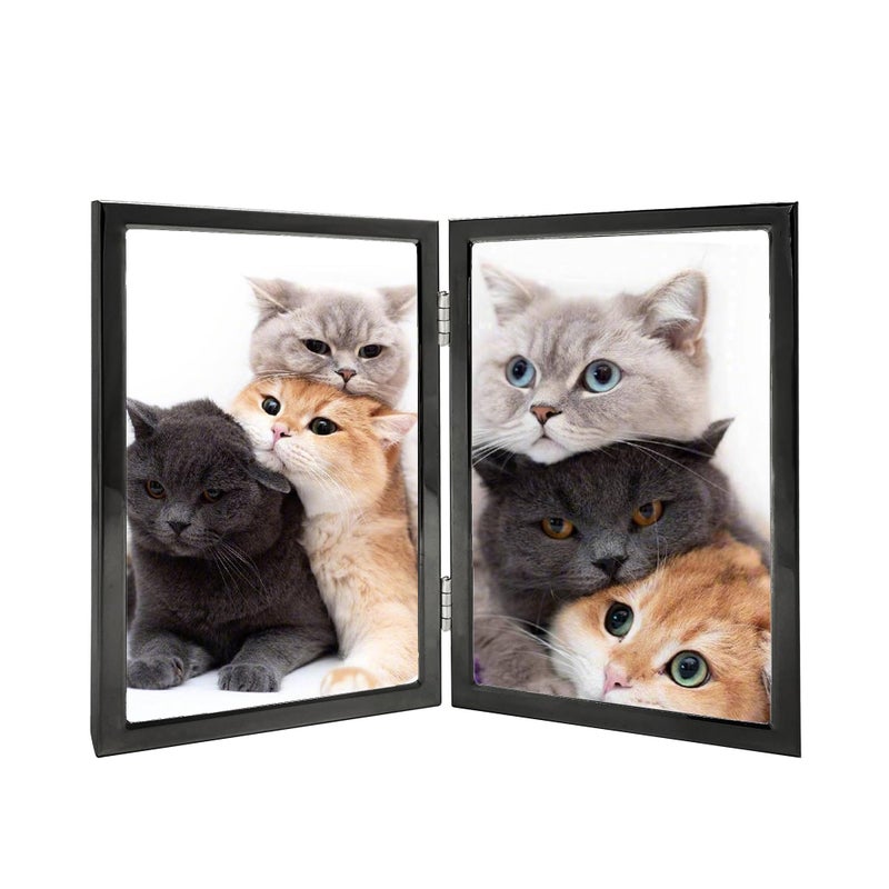 DECANIT 5x7 Picture Frame Double Hinged Black Metal Thin Edge Frame with High Definition Glass Front Folding Frames Stand Vertically on TabletopBlack