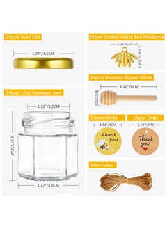 SKYLINK 24Pack 1.5oz Mini Hexagon Honey Jars with Wooden Dippers – Glass Honey Jars with Gold Lids, Tags, Stickers, Bee Pendants & 12m Twine – Perfect for Baby Showers, Wedding & Party Favors  - Image 2