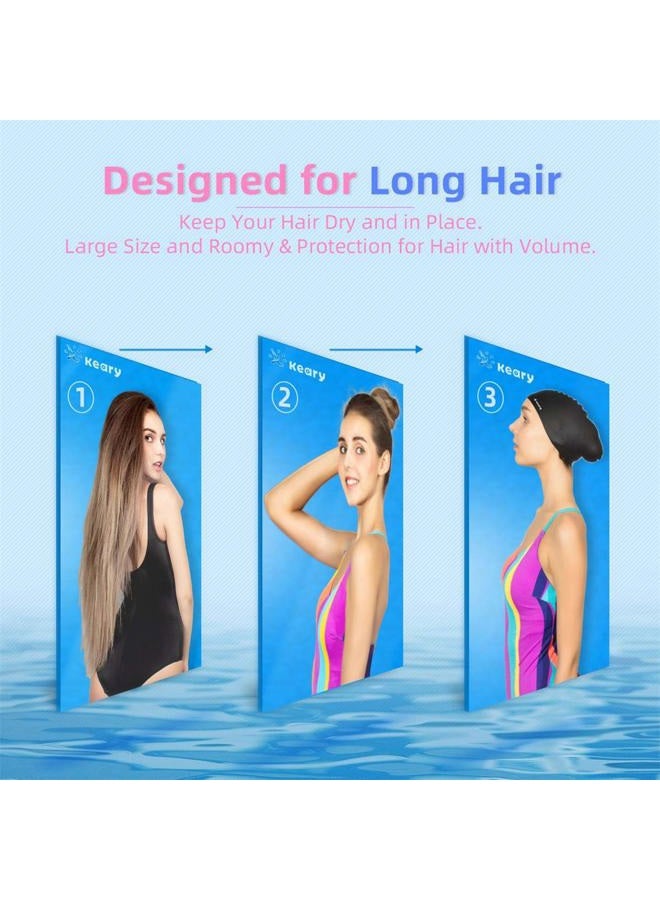Keary 2 Pack Updated Silicone Swim Cap for Long Hair Women Girl Waterproof Bathing Pool Swimming Cap Cover Ears to Keep Your Hair Dry, 3D Soft Stretchable Durable and Anti-Slip, Easy to Put On a - Image 2