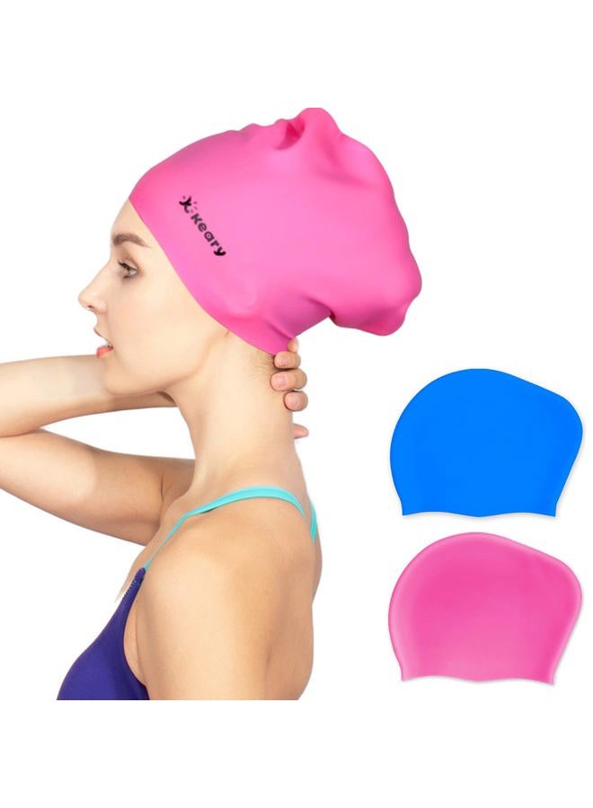 Keary 2 Pack Updated Silicone Swim Cap for Long Hair Women Girl Waterproof Bathing Pool Swimming Cap Cover Ears to Keep Your Hair Dry, 3D Soft Stretchable Durable and Anti-Slip, Easy to Put On a - Image 1