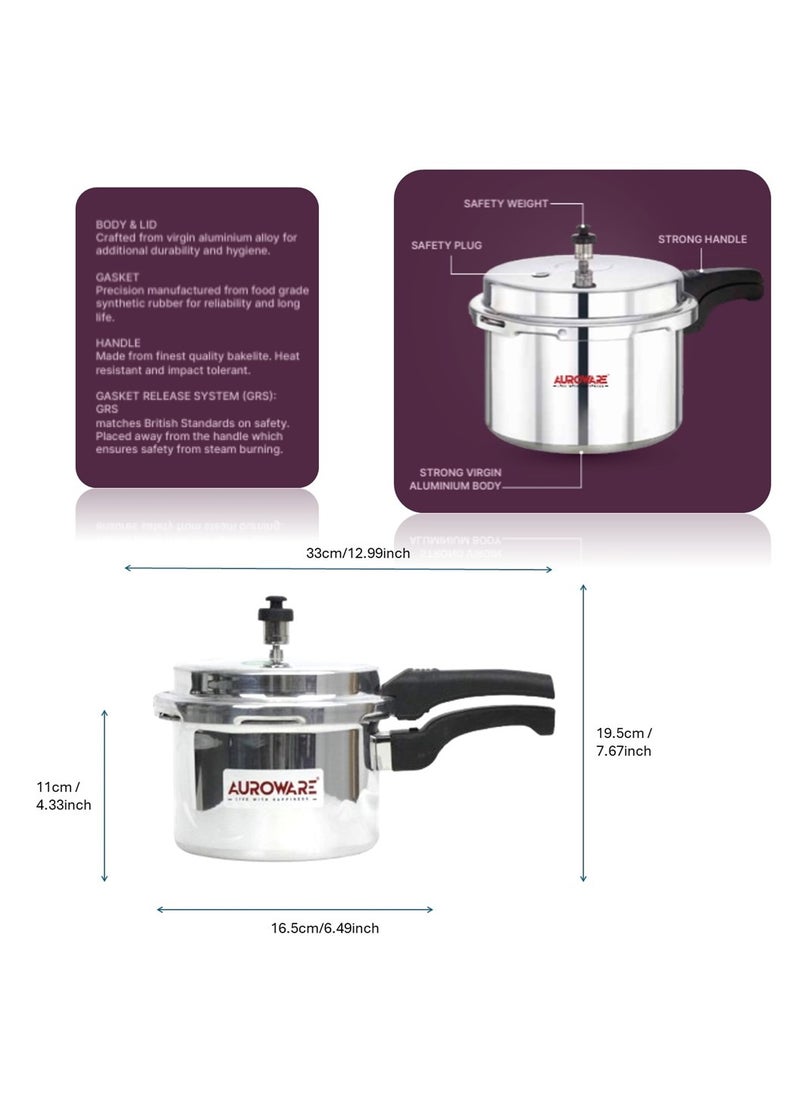 Auroware - Auroware 3 Litre Aluminium Pressure Cooker Heavy Duty Dishwasher safe Comfortable cooking for kitchen beef chicken mutton rice more - Image 1
