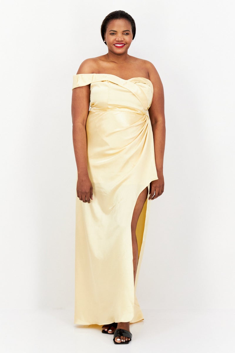 Yaura Women One Shoulder Plain Maxi Dress, Gold - Image 1