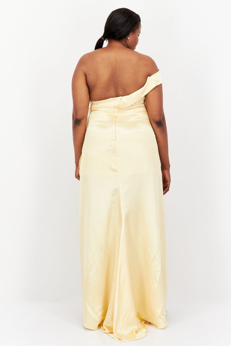 Yaura Women One Shoulder Plain Maxi Dress, Gold - Image 3