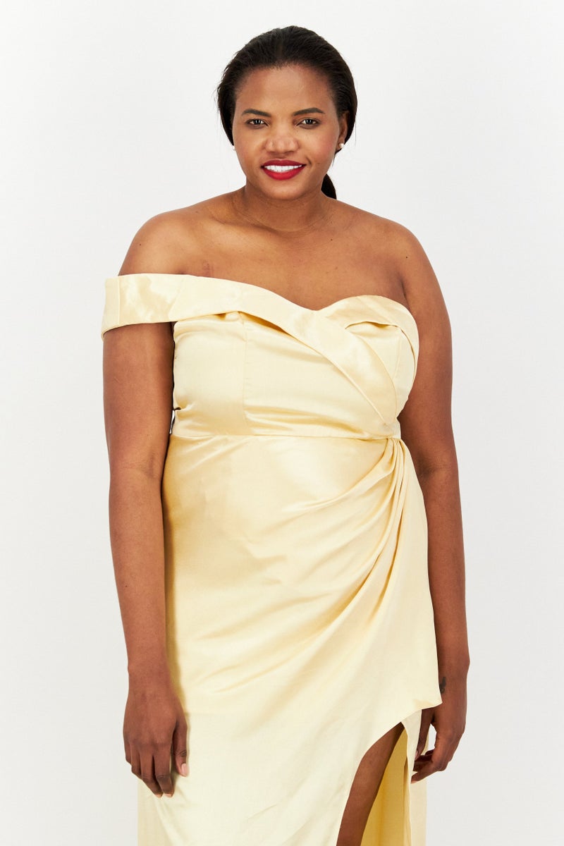 Yaura Women One Shoulder Plain Maxi Dress, Gold - Image 2