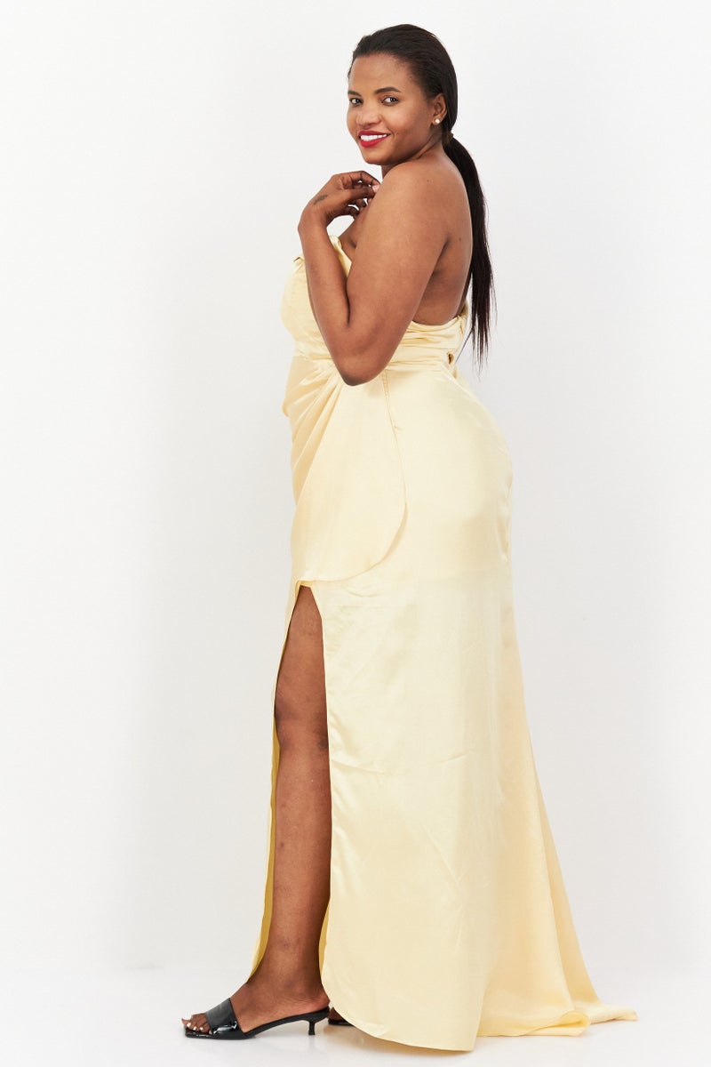 Yaura Women One Shoulder Plain Maxi Dress, Gold - Image 4