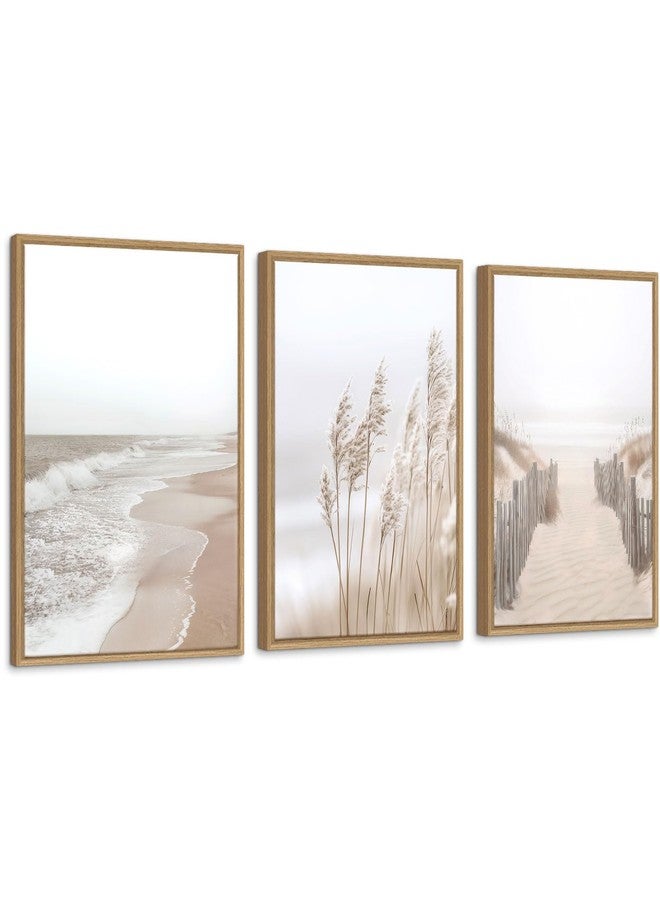 Zessonic Neutral Beach Pampas Grass Wall Art Boho Coastal Canvas Wall Decor, Ocean Shore Landscape Scene Nature Wilderness Prints Artwork for Living Room Bedroom Framed Ocean Theme, Set of 3, 12x16 Inch - Image 1