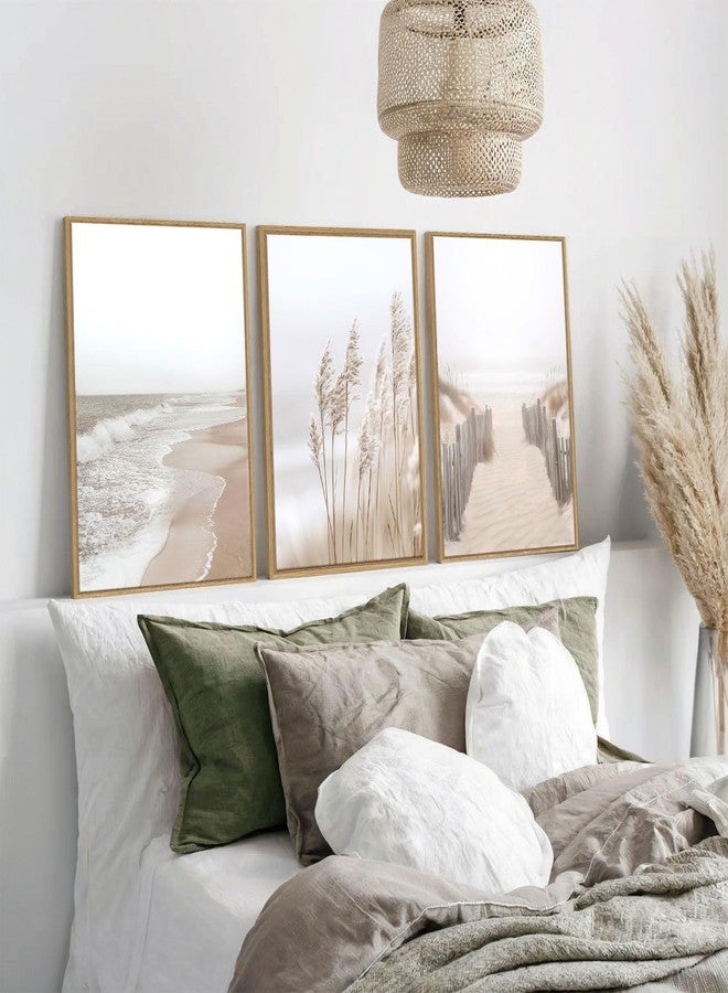 Zessonic Neutral Beach Pampas Grass Wall Art Boho Coastal Canvas Wall Decor, Ocean Shore Landscape Scene Nature Wilderness Prints Artwork for Living Room Bedroom Framed Ocean Theme, Set of 3, 12x16 Inch - Image 3