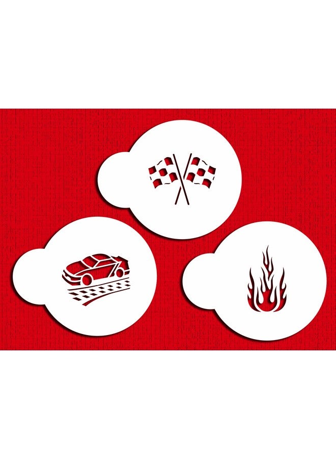 Designer Stencils C800 Mini Racecar Stencil Set, (Flame, Race Car and Checker Flag) Beige/semi-transparent - Image 1