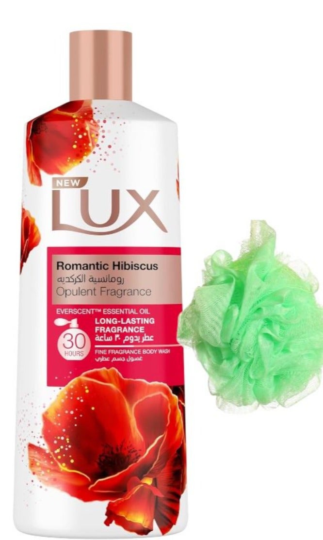 لوكس غسول الجسم المعطر برائحة الكركديه الرومانسية تدوم 30 ساعة - 500 مل + لوفه متعددة الالوان