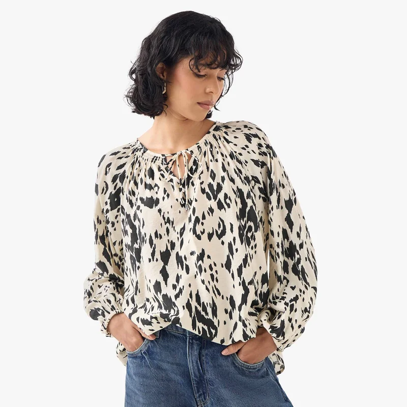 Splash FAV Printed Top with Neck Rouching and Tie-Up