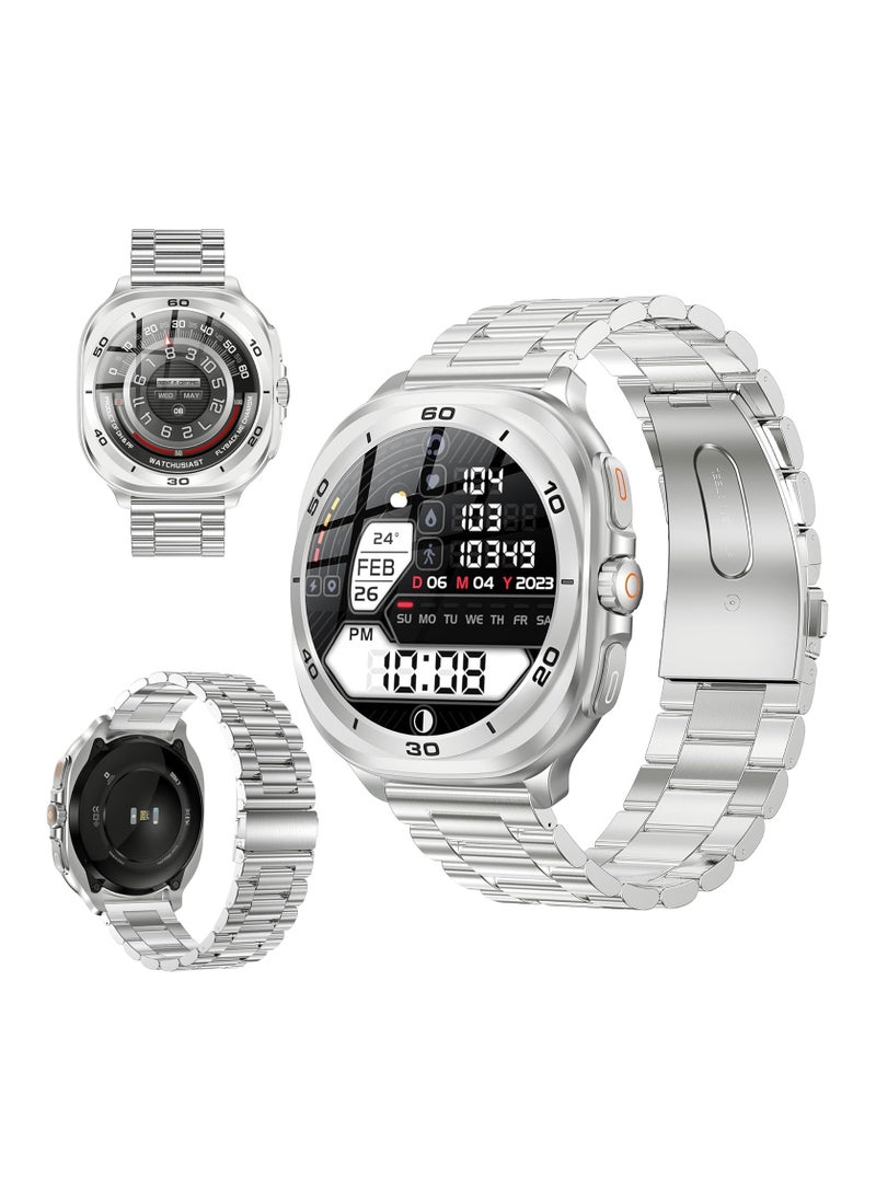 SWISS MILITARY - Swiss Military DOM7 Smartwatch 1.43" AMOLED, Bluetooth Calling, Multi Language, Health & Sports Tracking, Wireless Charging, 7 Days Battery, IP67, iOS/Android Compatible, Silver Frame with Steel Strap - Image 1
