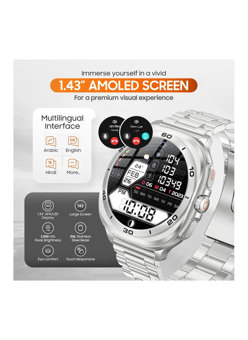 SWISS MILITARY - Swiss Military DOM7 Smartwatch 1.43" AMOLED, Bluetooth Calling, Multi Language, Health & Sports Tracking, Wireless Charging, 7 Days Battery, IP67, iOS/Android Compatible, Silver Frame with Steel Strap - Image 1