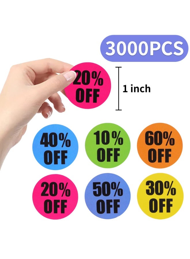 3000 قطعة ملصقات خصم متعددة الألوان، ملصقات دائرية بخصم 10-60%، 1 بوصة، 6 لفات لتصفية متاجر التجزئة - Image 2
