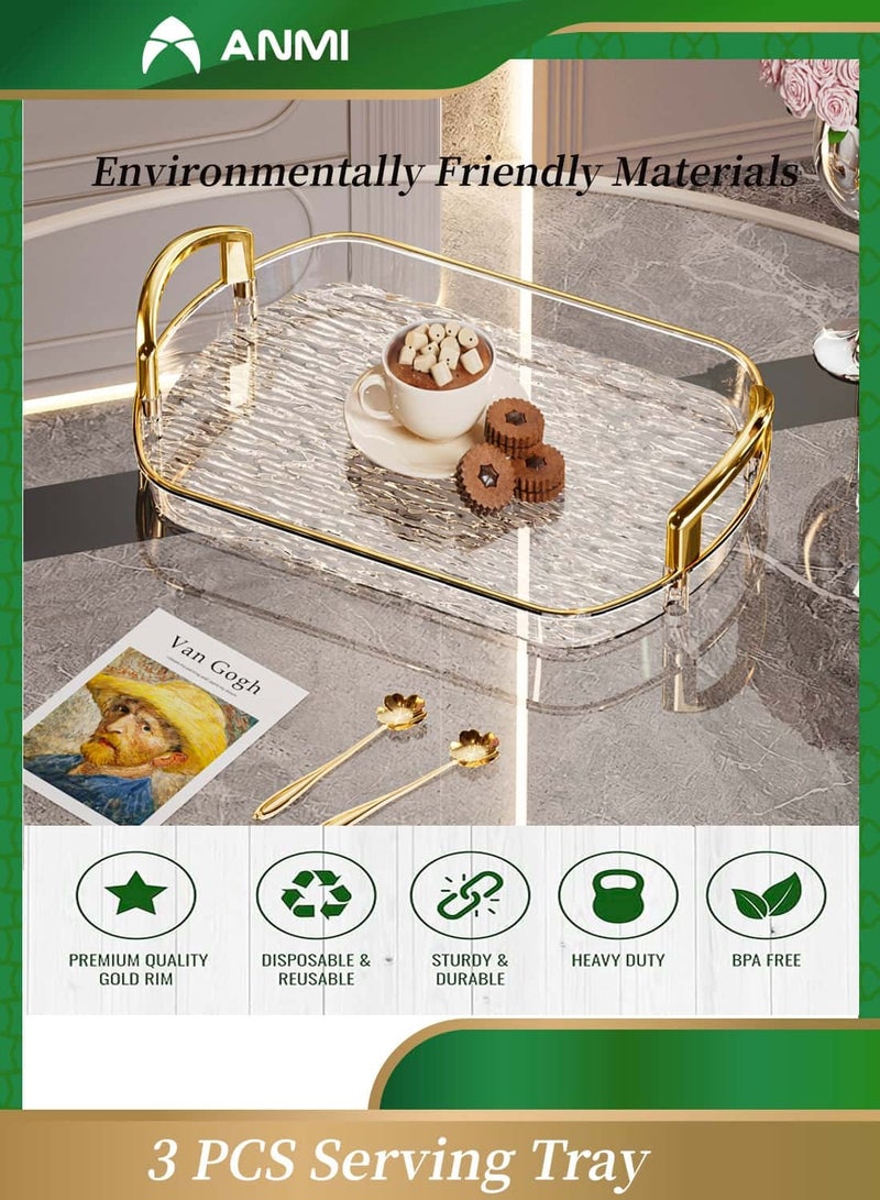 Anmi 3 PCS Clear Serving Tray, with Polished Metal Handles, Serving Plate, Wavy Pattern Clear Tray, Spill-Proof Tray, Decorative Serving Tray for Coffee Table, Tea, Storage - Image 4