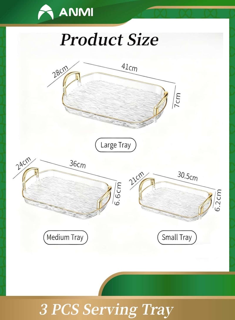 Anmi 3 PCS Clear Serving Tray, with Polished Metal Handles, Serving Plate, Wavy Pattern Clear Tray, Spill-Proof Tray, Decorative Serving Tray for Coffee Table, Tea, Storage - Image 2