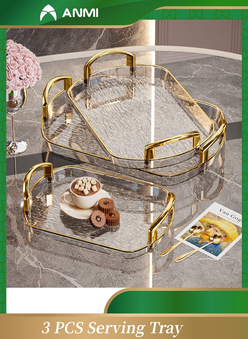 Anmi 3 PCS Clear Serving Tray, with Polished Metal Handles, Serving Plate, Wavy Pattern Clear Tray, Spill-Proof Tray, Decorative Serving Tray for Coffee Table, Tea, Storage - Image 1