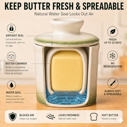 teapeak Ombre Green Butter Dish with Lid for Countertop, French Butter Crock with Water Line, Ceramic Butter Keeper Keeps Butter Soft & Spreadable at Room Temperature, 6.5 oz - Image 3