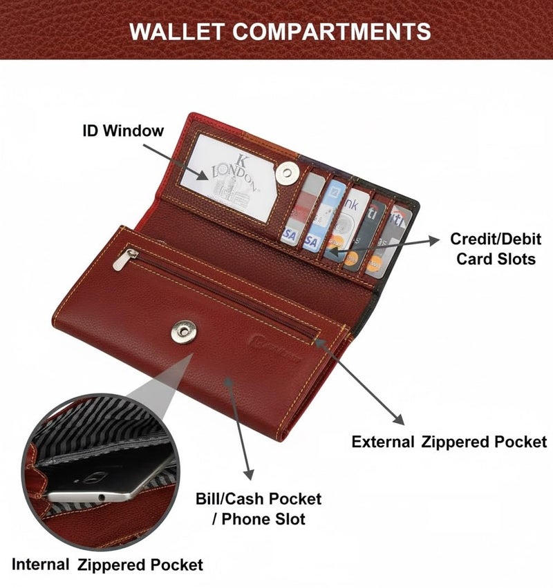 K London Women Multicolor Genuine Leather Wallet | Ladies Clutch | Zipper Purse/Card Holder Organizer for Women (AZ04_BRN) - Image 3