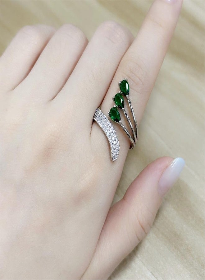Dtja Layered Green CZ Wedding Ring for Women Silver Plated Peacock Wing Statement Stacking Open Wrap Finger Rings Comfort Fit Fashion Delicate Birthday Christmas Party Jewelry Gift for Her - Image 4