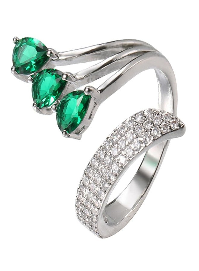 Dtja Layered Green CZ Wedding Ring for Women Silver Plated Peacock Wing Statement Stacking Open Wrap Finger Rings Comfort Fit Fashion Delicate Birthday Christmas Party Jewelry Gift for Her - Image 1