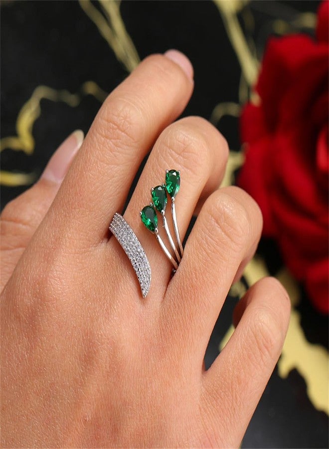Dtja Layered Green CZ Wedding Ring for Women Silver Plated Peacock Wing Statement Stacking Open Wrap Finger Rings Comfort Fit Fashion Delicate Birthday Christmas Party Jewelry Gift for Her - Image 2