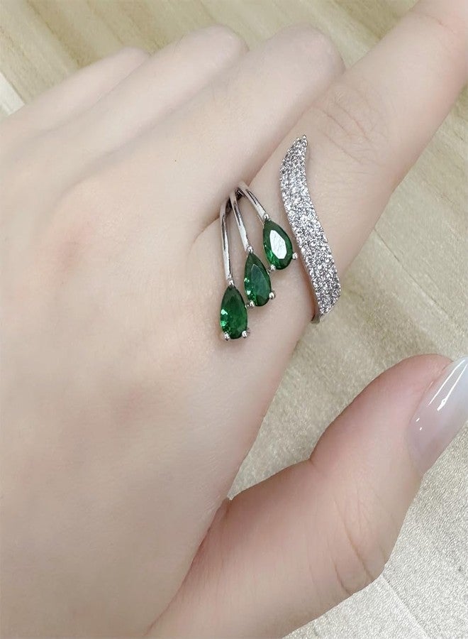 Dtja Layered Green CZ Wedding Ring for Women Silver Plated Peacock Wing Statement Stacking Open Wrap Finger Rings Comfort Fit Fashion Delicate Birthday Christmas Party Jewelry Gift for Her - Image 3