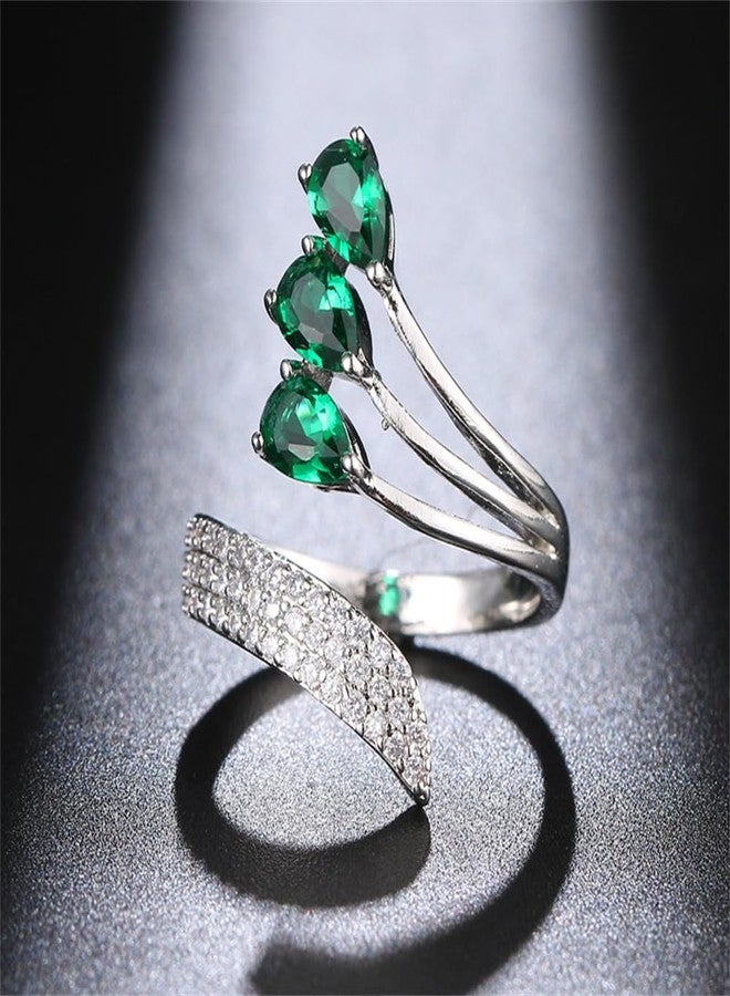 Dtja Layered Green CZ Wedding Ring for Women Silver Plated Peacock Wing Statement Stacking Open Wrap Finger Rings Comfort Fit Fashion Delicate Birthday Christmas Party Jewelry Gift for Her - Image 5