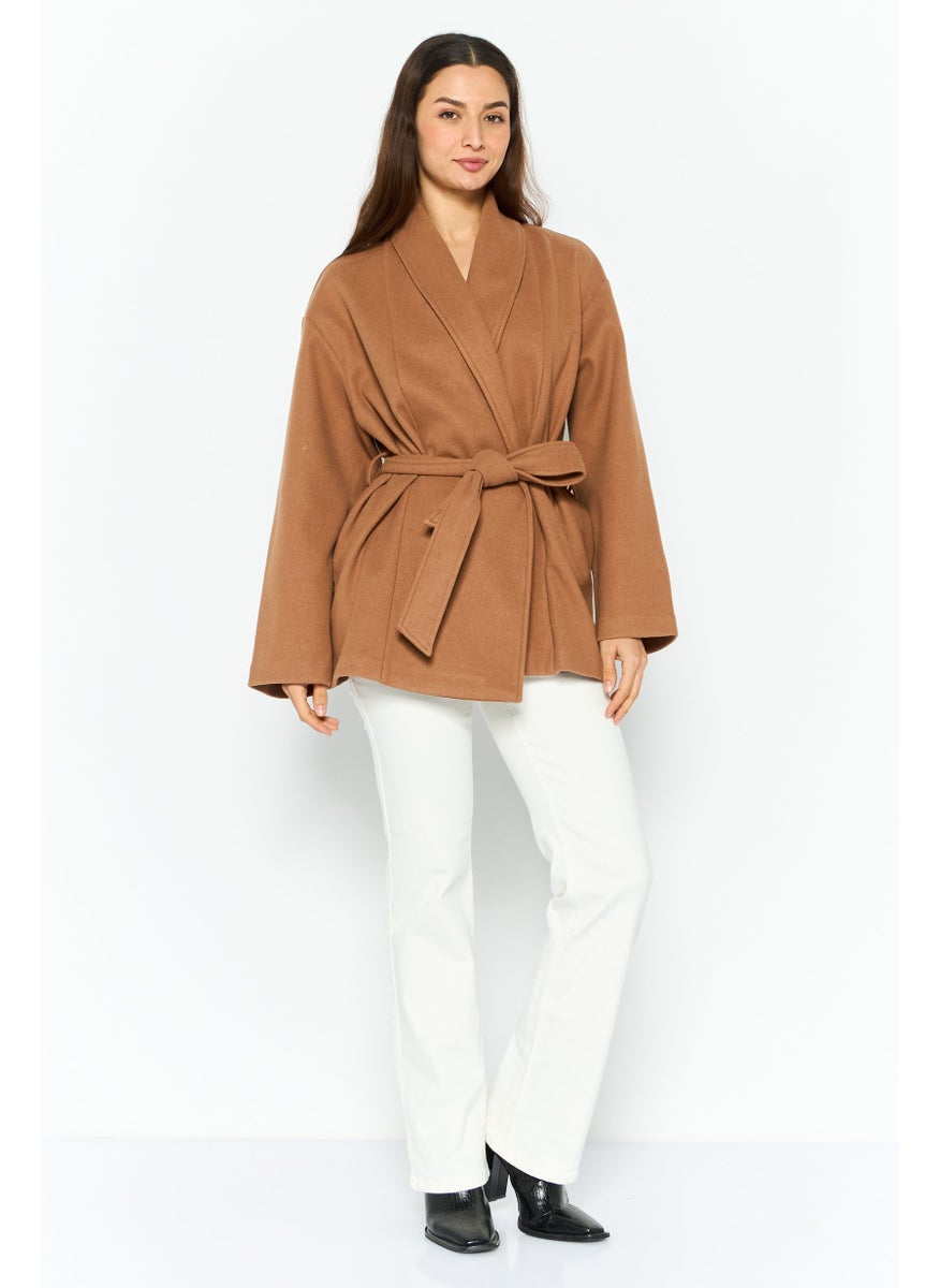 Black Tape - Women Regular Fit Textured Belted Short Trench Coat, Tan - Image 1
