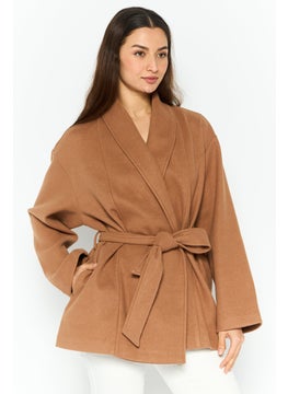 Women Regular Fit Textured Belted Short Trench Coat, Tan
