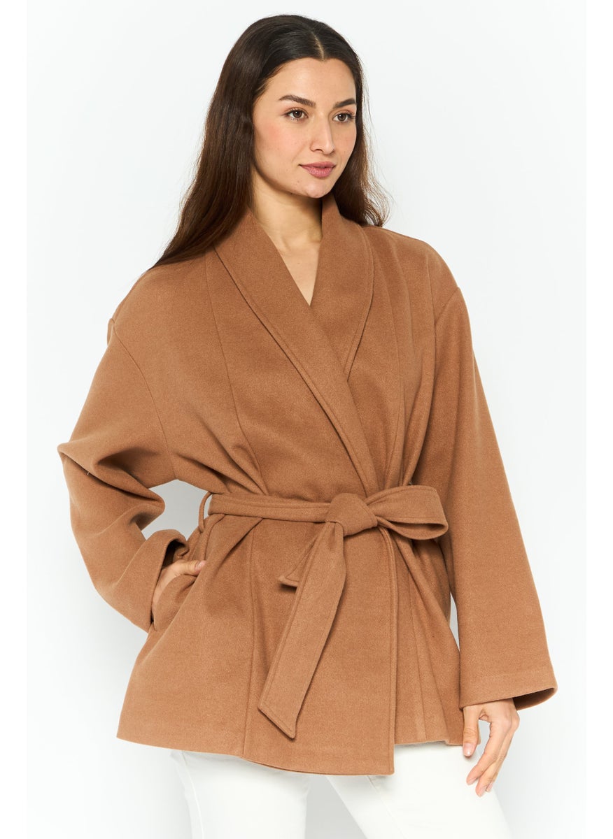 Black Tape - Women Regular Fit Textured Belted Short Trench Coat, Tan - Image 1