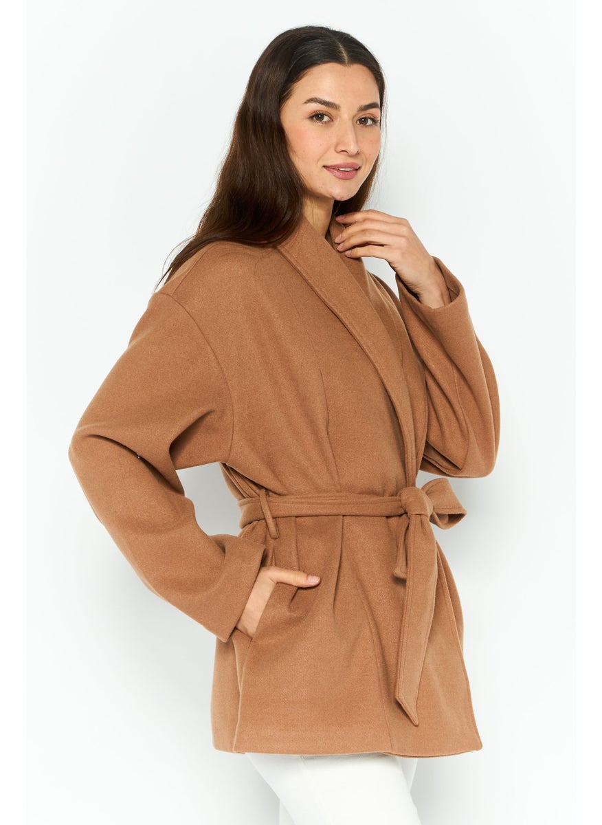 Black Tape - Women Regular Fit Textured Belted Short Trench Coat, Tan - Image 1