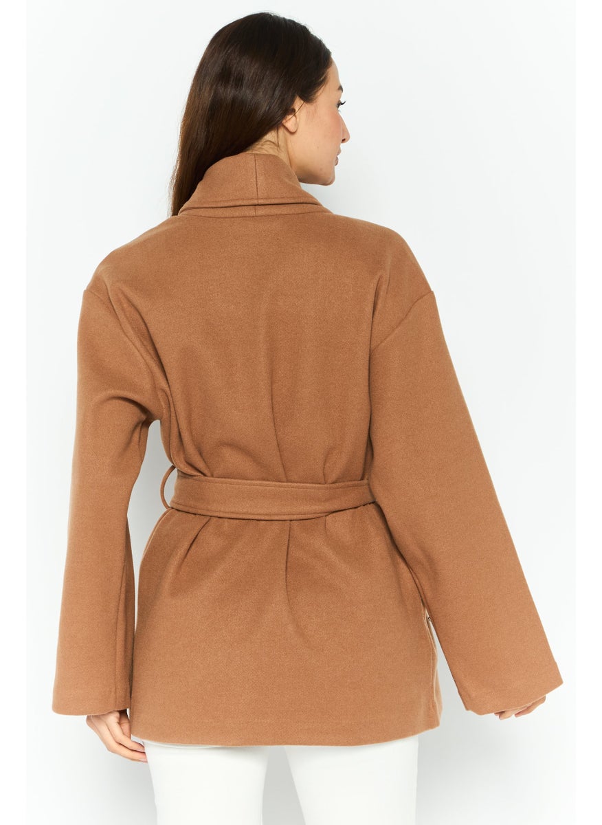 Black Tape - Women Regular Fit Textured Belted Short Trench Coat, Tan - Image 1