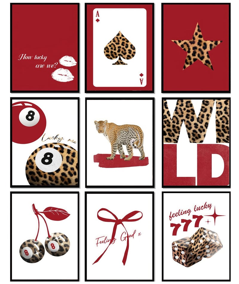LOARTVE 9Pcs Trendy Red Leopard Wall Art Prints Funky Lucky 8 Ball Posters Preppy Cheetah Aesthetic Wall Decor Pictures Girly Bedroom Apartment Dorm Unframed 8x10in - Image 2