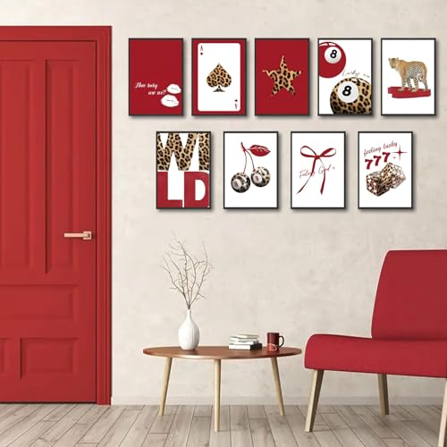 LOARTVE 9Pcs Trendy Red Leopard Wall Art Prints Funky Lucky 8 Ball Posters Preppy Cheetah Aesthetic Wall Decor Pictures Girly Bedroom Apartment Dorm Unframed 8x10in - Image 3