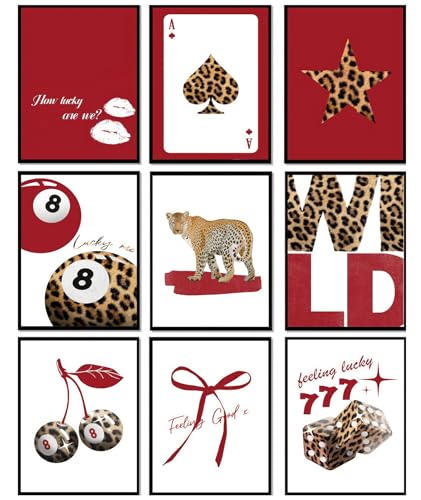 LOARTVE 9Pcs Trendy Red Leopard Wall Art Prints Funky Lucky 8 Ball Posters Preppy Cheetah Aesthetic Wall Decor Pictures Girly Bedroom Apartment Dorm Unframed 8x10in - Image 1