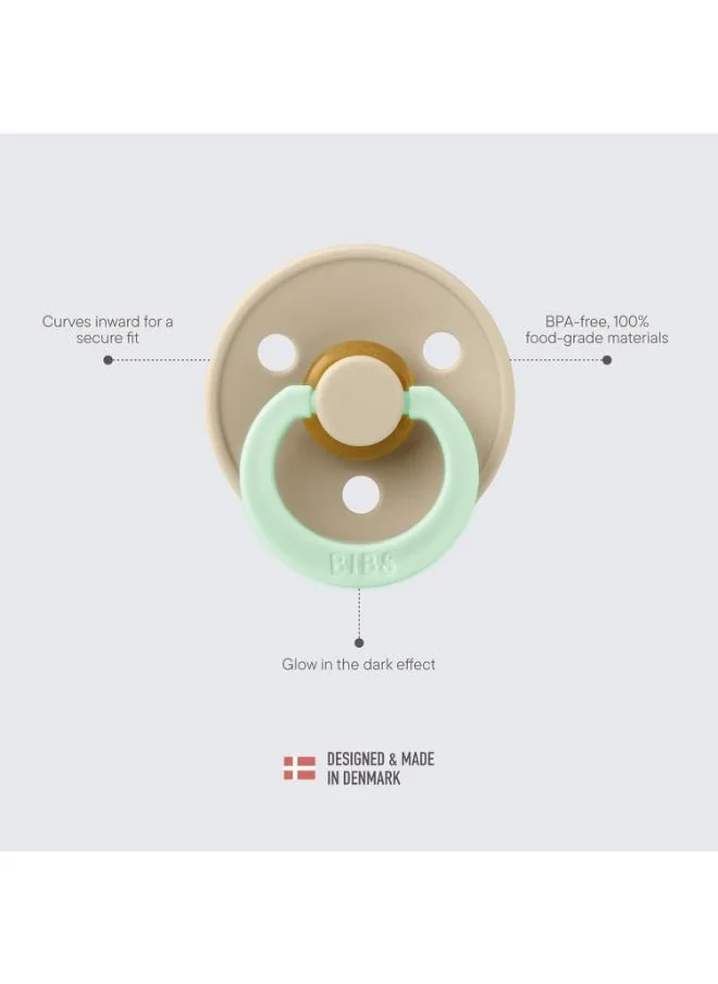 BIBS Pack of 2 Colour Symmetrical Glow Pacifiers Bpa Free, Glow In The Dark Symmetrical Natural Rubber/Latex, Made In Denmark. Size 1 (0 - 6 Months ), Blush Glow/Vanilla Glow