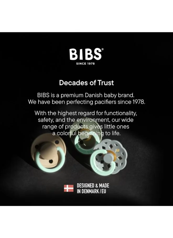 BIBS Pack of 2 Colour Symmetrical Glow Pacifiers Bpa Free, Glow In The Dark Symmetrical Natural Rubber/Latex, Made In Denmark. Size 1 (0 - 6 Months ), Blush Glow/Vanilla Glow